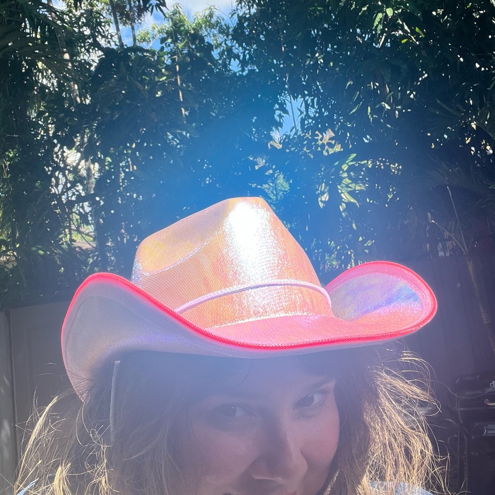 Pink Shimmery Festival Cowboy Hat with an Iridescent Holographic Glow Effect